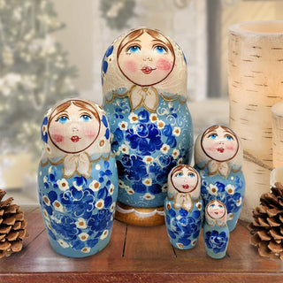 Light Blue Floral Matreshka Nesting Hand-Painted Dolls Set of 5 by G. DeBrekht - Christmas Decor - 140140-3