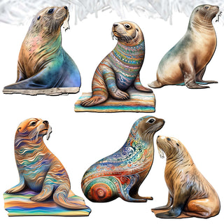 Magic Sea Lions Clip-On Eco Wood Decorative Ornaments Set of 6 by G. Debrekht - Wildlife Decor - 8090112C-S6
