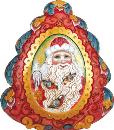 A colorful, ornate ornament featuring a painted image of Santa Claus with birds around his neck.
