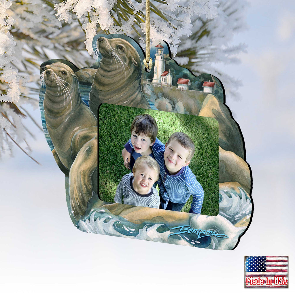 Sea Lions Lighthouse Ornament Picture Frame - Ornament for Photo Judy Bergsma by Designocracy - 8591883PF-JB