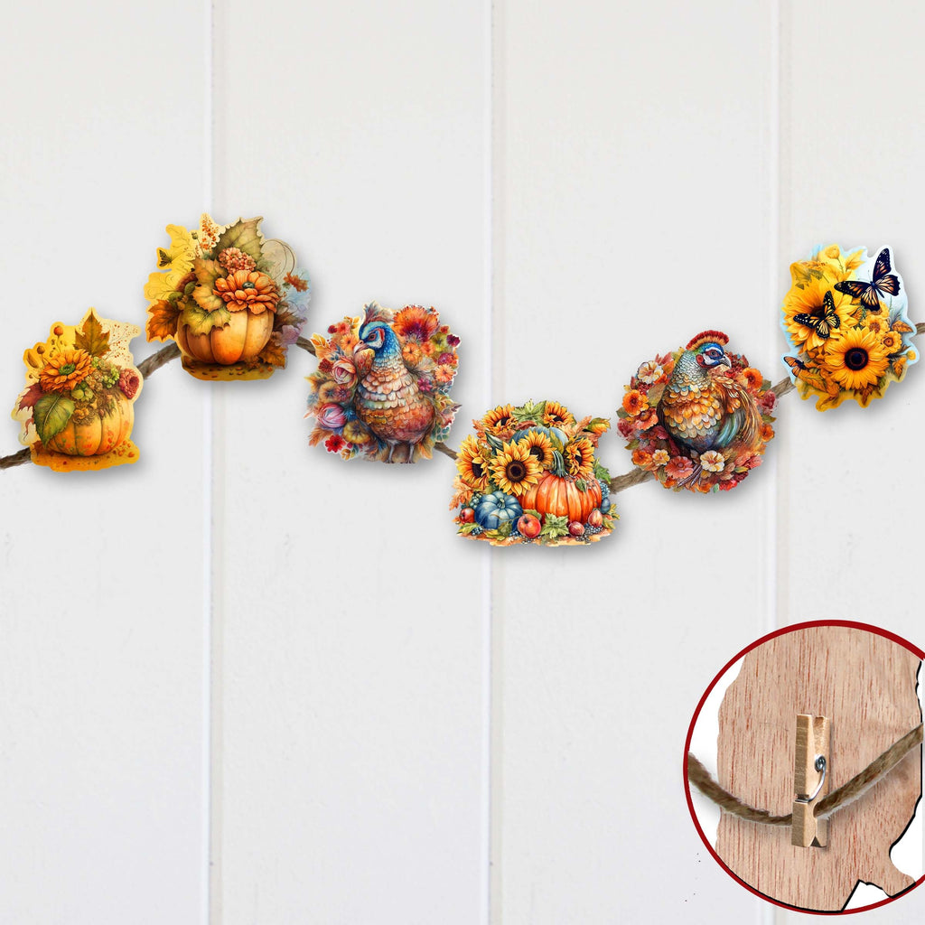 Happy Thanksgiving Clip-On Eco Wood Decorative Ornaments Set of 6 by G. Debrekht - Thanksgiving Decor - 8090018C-S6