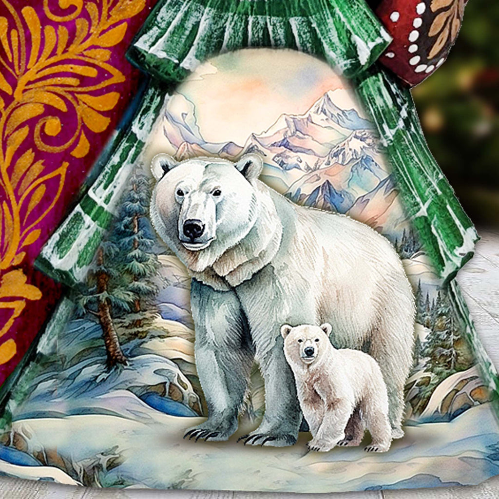 Polar Bear with Cub Santa Hand-Painted WOODCARVED Figurine by G. DeBrekht - Christmas Santa Snowman Decor - 8208016