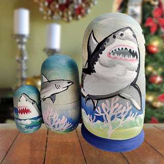 Shark Matreshka Nesting Hand-Painted Doll Set of 3 by G. DeBrekht - Coastal Holiday Decor - 14771