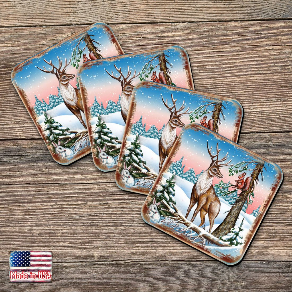 Deer Wooden Cork Coasters Gift Set of 4 by Nature Wonders - Nature Wildlife Decor - 95379C-S4