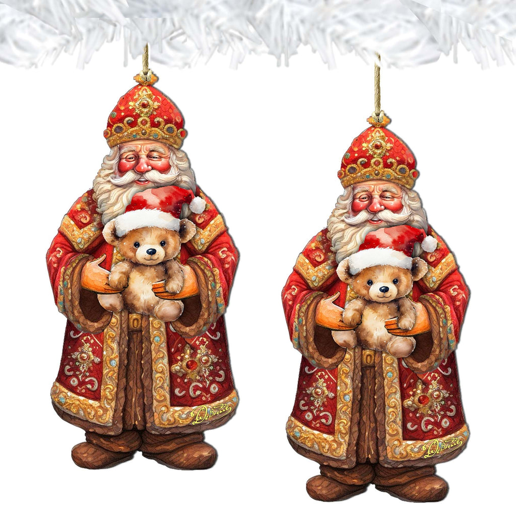 Santa's Teddy Bear Hug Wooden Ornaments by G. Debrekht - Christmas Santa Snowman Decor - 8691415