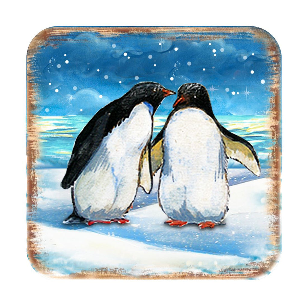 Penguins Coastal Wooden Cork Coasters Gift Set of 4 by Nature Wonders - Coastal Sea-Life Decor - 8198542C-S4