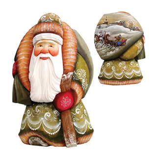two intricately carved wooden figurines of Santa Claus, one standing upright and the other lying down. Both figurines are adorned with detailed patterns and designs, showcasing the craftsmanship involved in their creation.