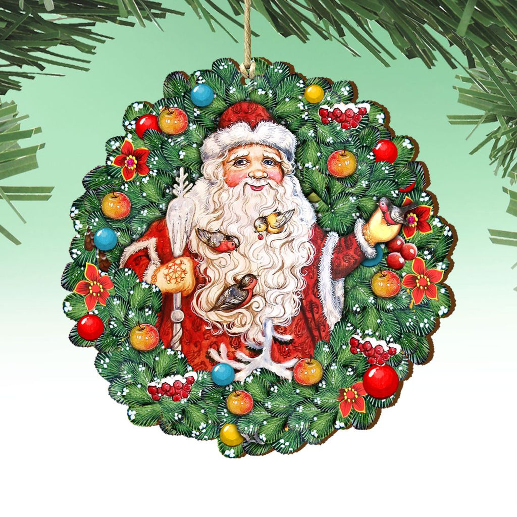 Santa Wreath with Birds Wooden Ornaments by G. DeBrekht - Christmas Santa Snowman Decor - 8185320