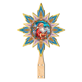 Santa with Cardinal Star Tree Topper Wooden Decor by G. Debrekht - Santa Snowman Decor - 89507