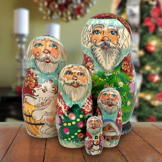 Santa Matreshka Nesting Hand-Painted Doll Set of 5 by G. DeBrekht - Christmas Santa Snowman Decor - 110150-5