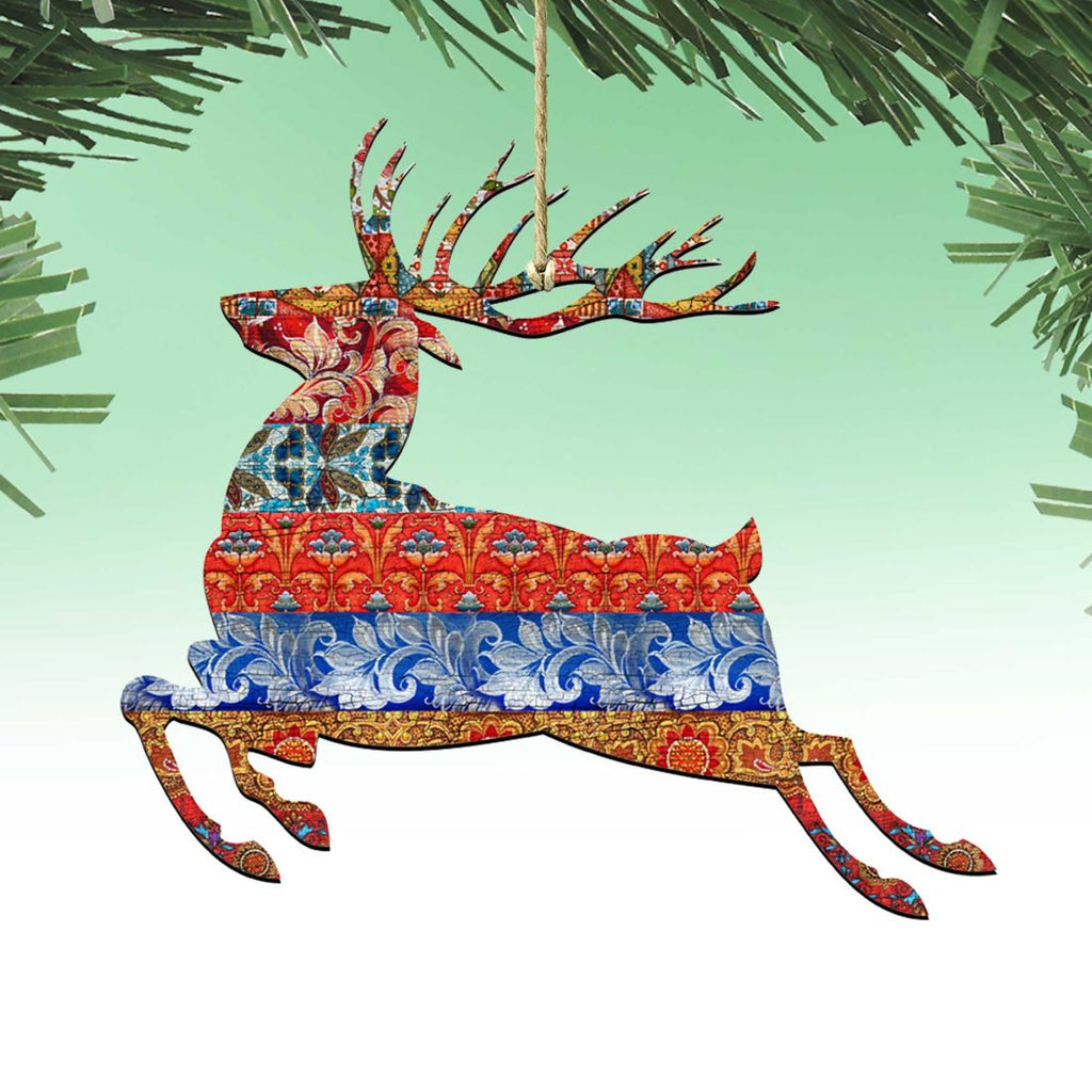 Country Quilted Reindeer Wooden Ornaments by G. DeBrekht - Wildlife Holiday Decor - 8198211-4