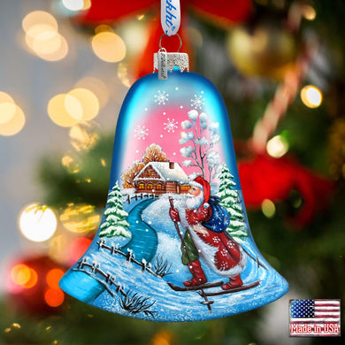 Santa on Ski Bell Glass Ornament by G. DeBrekht - Christmas Santa Snowman Decor - 73342