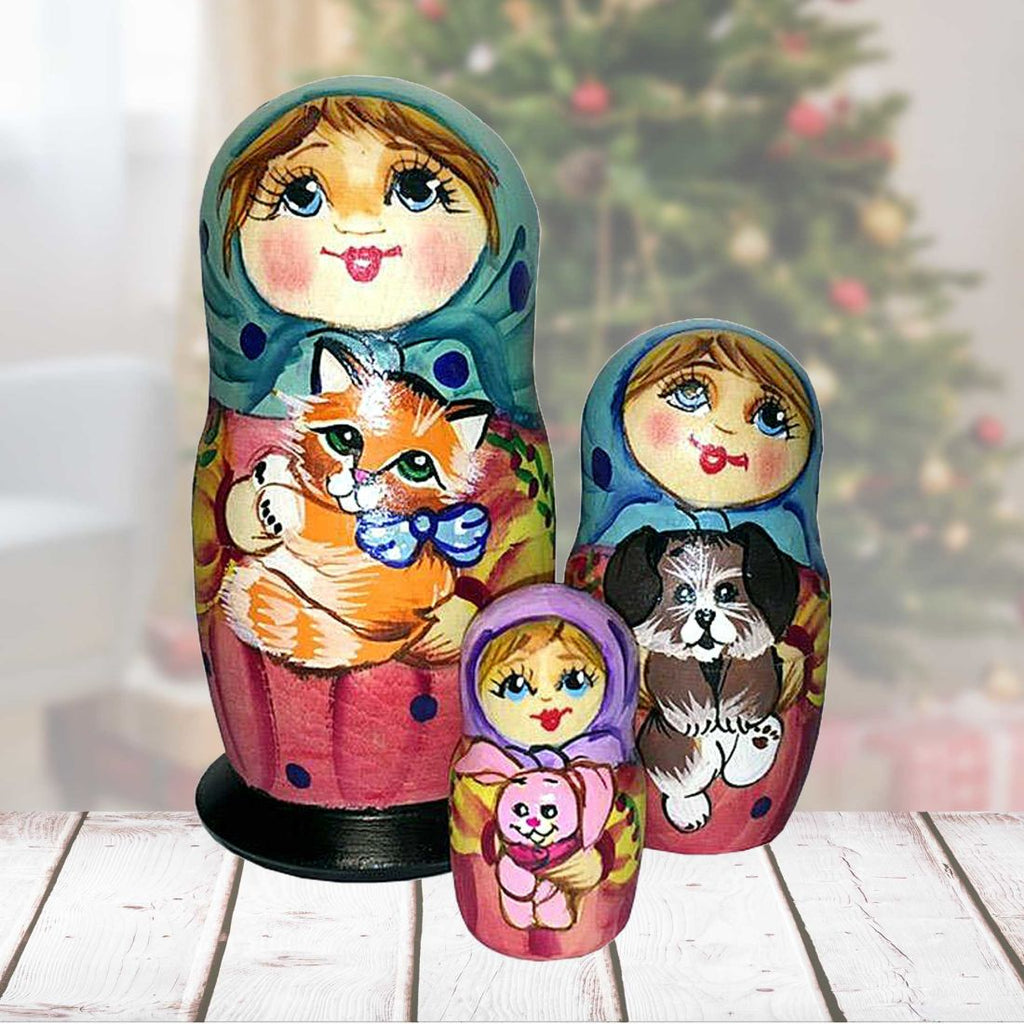 Friendship Cat and Dog Matreshka Nesting Hand-Painted Doll Set of 3 by G. DeBrekht - Pets Dog and Cats Decor - 14732