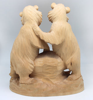 One-of-a-Kind Two Little Bears with Fish Wood Carved Figurine 11.5