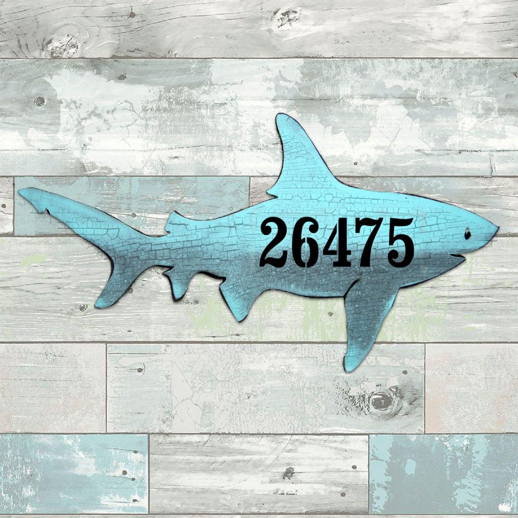 Shark Coastal Wooden Personalized House Number Sign by G. Debrekht - Coastal Sea-Life Decor - Handcrafted Wooden Handcrafted Wooden Handcrafted Wooden Address Sign - MA98515