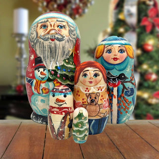 Santa Family Matreshka Nesting Hand-Painted Doll Set of 5 by G. DeBrekht - Christmas Santa Snowman Decor - 110088