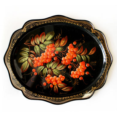 Unique Zhostovo Floral Hand-Painted Black Metal Tray - 15 x 12 - Kitchenware and Home Decor One-of-a-Kind Work of Art by G. Debrekht - Functional Kitchenware Table and Unique Wall Decor
