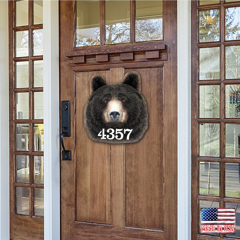 Bear Log Cabin Wooden Personalized House Number Sign by G. Debrekht - Nature Wildlife Decor - Handcrafted Wooden Address Sign - MA982145