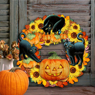 Halloween Cats Holiday Door Wreath by Laura Seeley - Thanksgiving Halloween Decor - 8185305-4H-SL