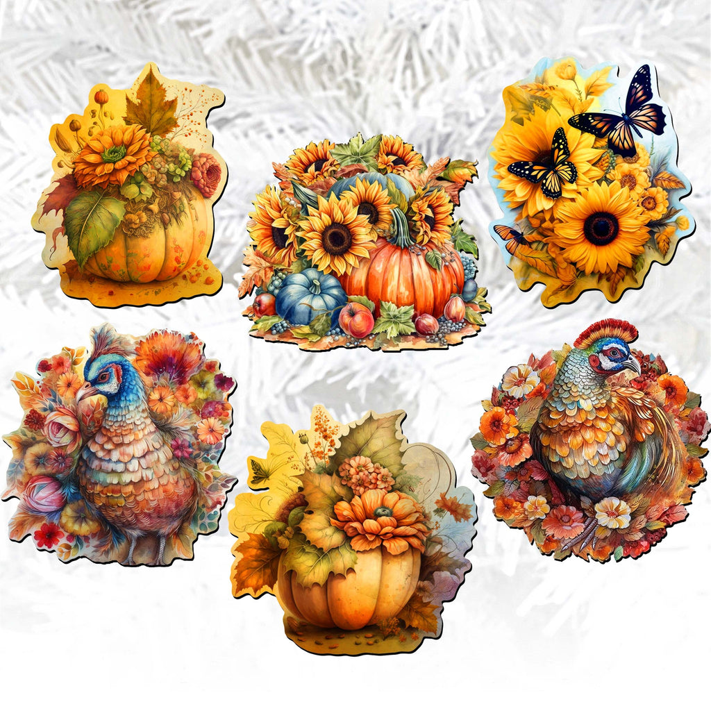 Happy Thanksgiving Clip-On Eco Wood Decorative Ornaments Set of 6 by G. Debrekht - Thanksgiving Decor - 8090018C-S6