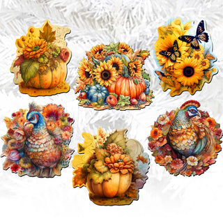 Happy Thanksgiving Clip-On Eco Wood Decorative Ornaments Set of 6 by G. Debrekht - Thanksgiving Decor - 8090018C-S6