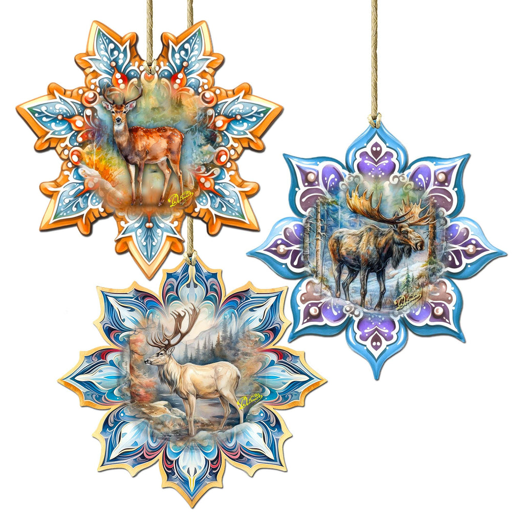 Forest Animals Snowflake Eco Wood Ornaments Set of 3 by G. Debrekht - Nature Wildlife Decor - 8090145-S3