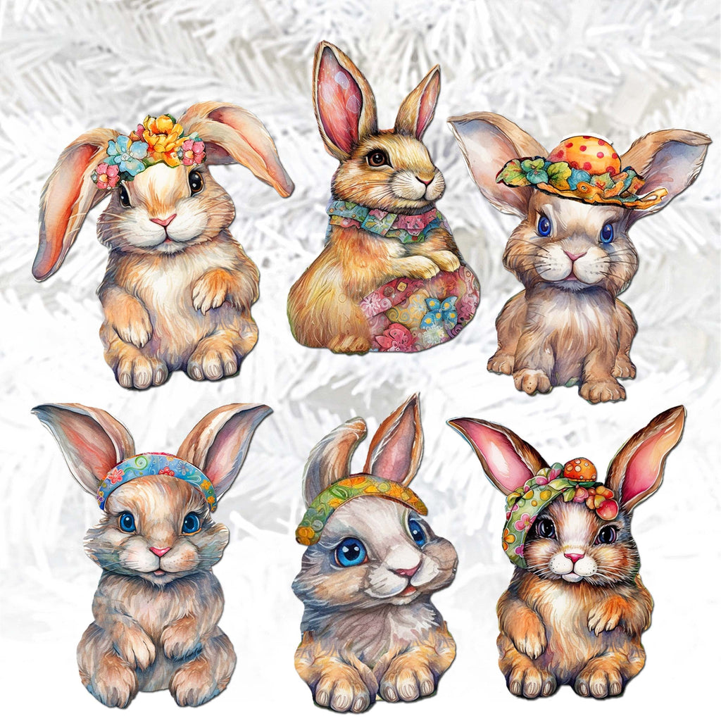 Easter Bunnies Clip-On Eco Wood Decorative Ornaments Set of 6 by G. Debrekht - Easter Decor - 8090042C-S6