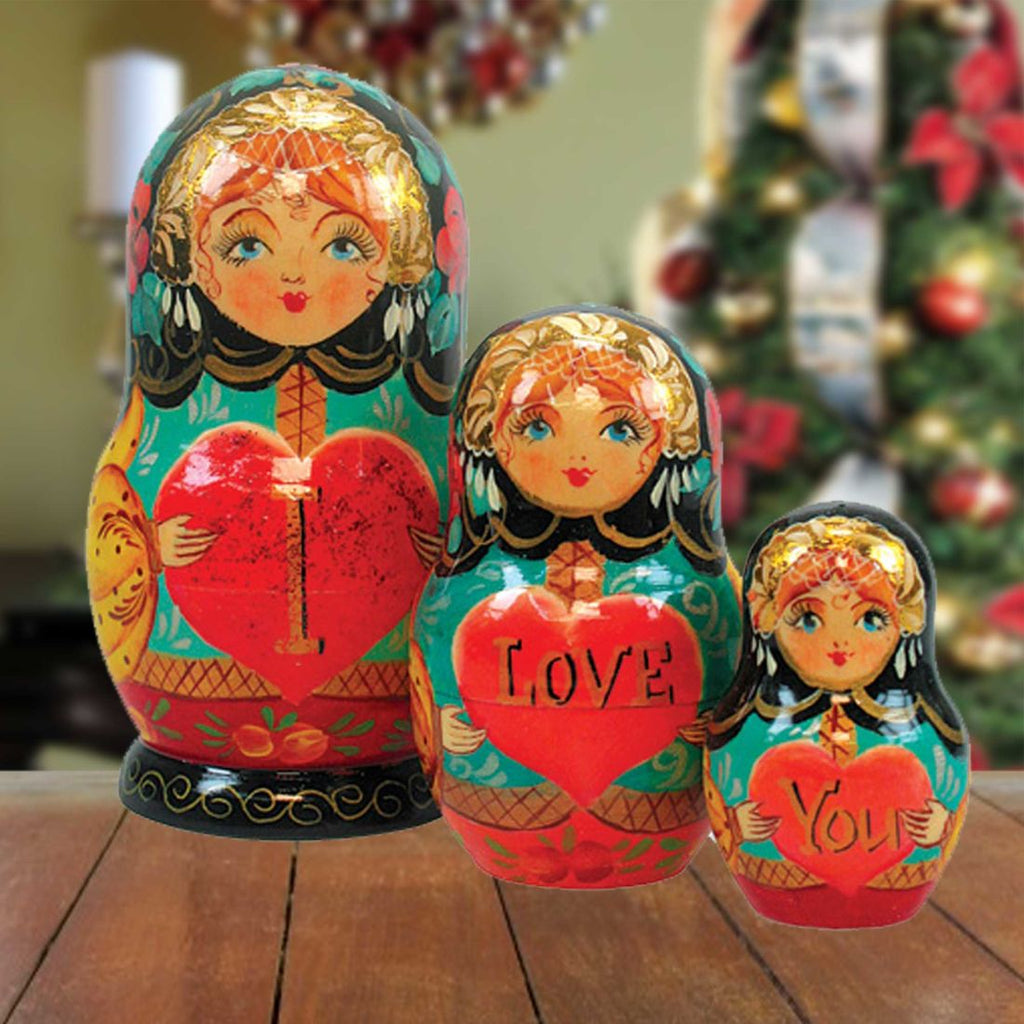 I Love You Matreshka Nesting Hand-Painted Doll Set of 3 by G. DeBrekht - Love Family Kids Decor - 147010