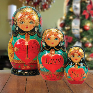 I Love You Matreshka Nesting Hand-Painted Doll Set of 3 by G. DeBrekht - Love Family Kids Decor - 147010