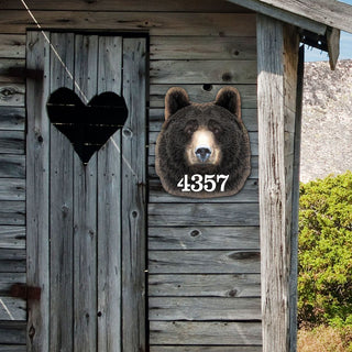 Bear Log Cabin Wooden Personalized House Number Sign by G. Debrekht - Nature Wildlife Decor - Handcrafted Wooden Address Sign - MA982145