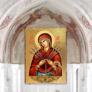 Virgin Mary of the Seven Swords Wooden Gold Plated Religious Christian Sacred Icon - Inspirational Icon Decor - 85037