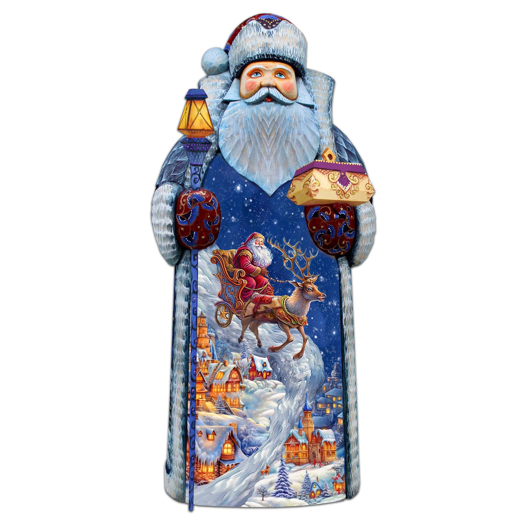 Joyful Sleigh Descent Santa Hand-Painted WOODCARVED Masterpiece Figurine by G. DeBrekht - Santa Snowman Christmas Decor - 215870