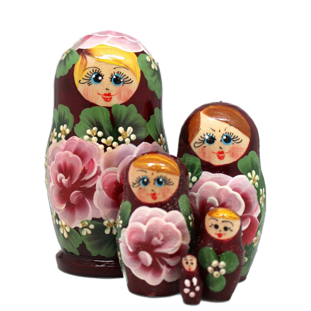 Burgundy Floral Matreshka Nesting Hand-Painted Dolls Set of 5 by G. DeBrekht - Christmas Decor - 140139-2