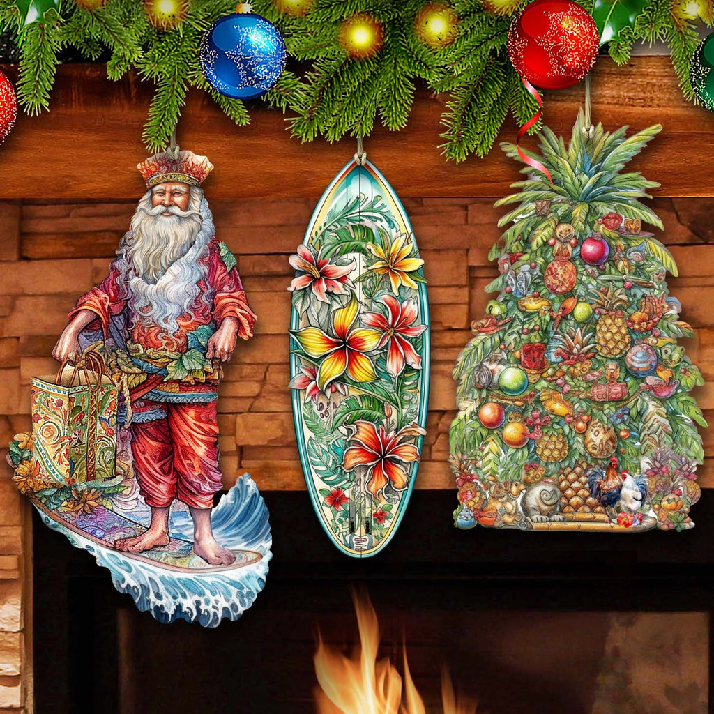 Santas Around the World - Hawaiian Inspired Santa - Eco Wood Ornaments Set of 3 by G. DeBrekht Christmas Santa Snowman Decor - 8091313S3