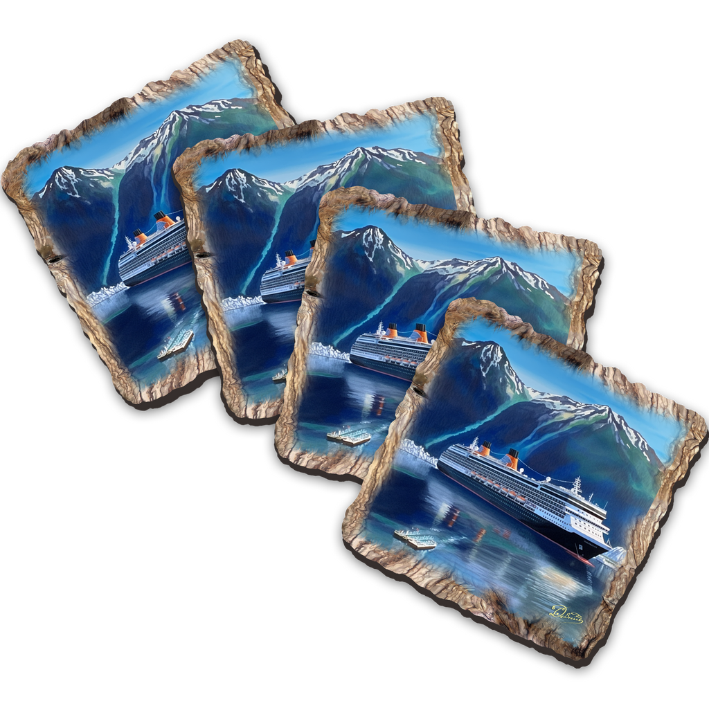 The image is a collage of four square images, each depicting a cruise ship sailing on a body of water surrounded by mountains.