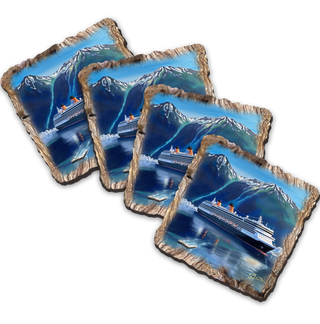 The image is a collage of four square images, each depicting a cruise ship sailing on a body of water surrounded by mountains.