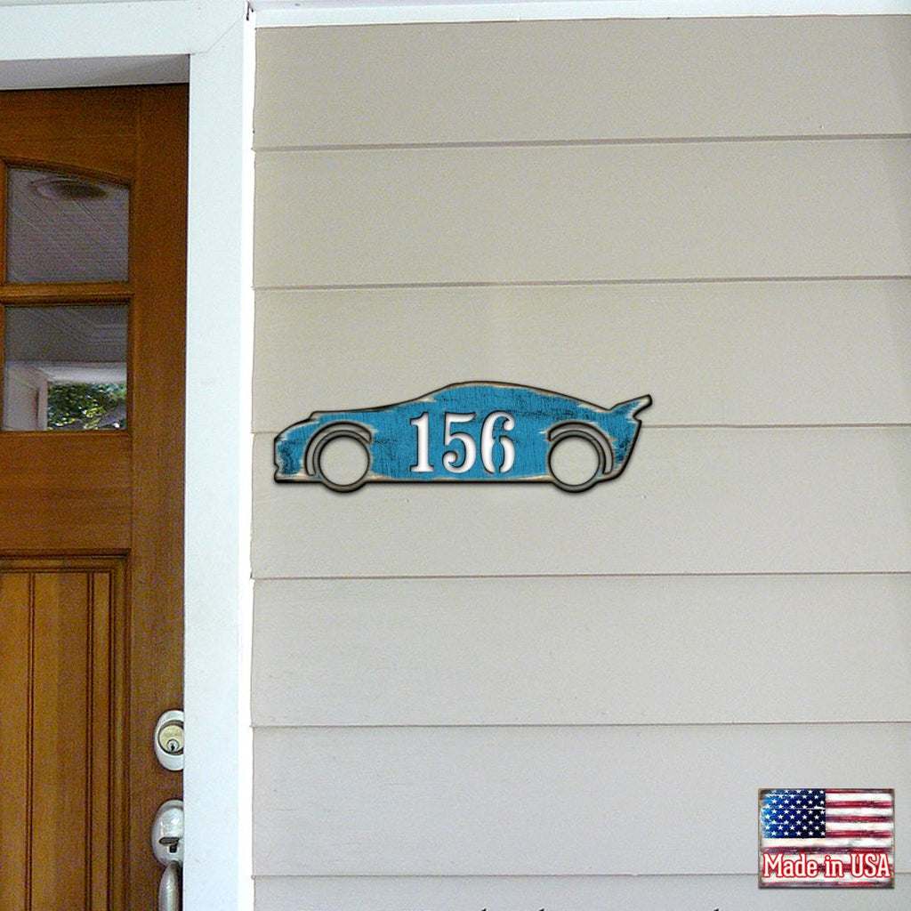 Sports Car Wooden Custom House Number Sign by G. DeBrekht - Love Family Kids Decor - Handcrafted Wooden Handcrafted Wooden Handcrafted Wooden Address Sign - MA98451