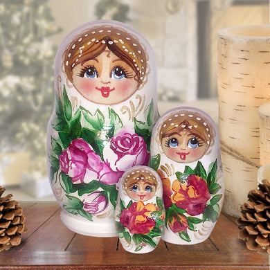 Rosehip Matreshka Nesting Hand-Painted Doll Set of 3 by G. DeBrekht - Christmas Decor - 14751
