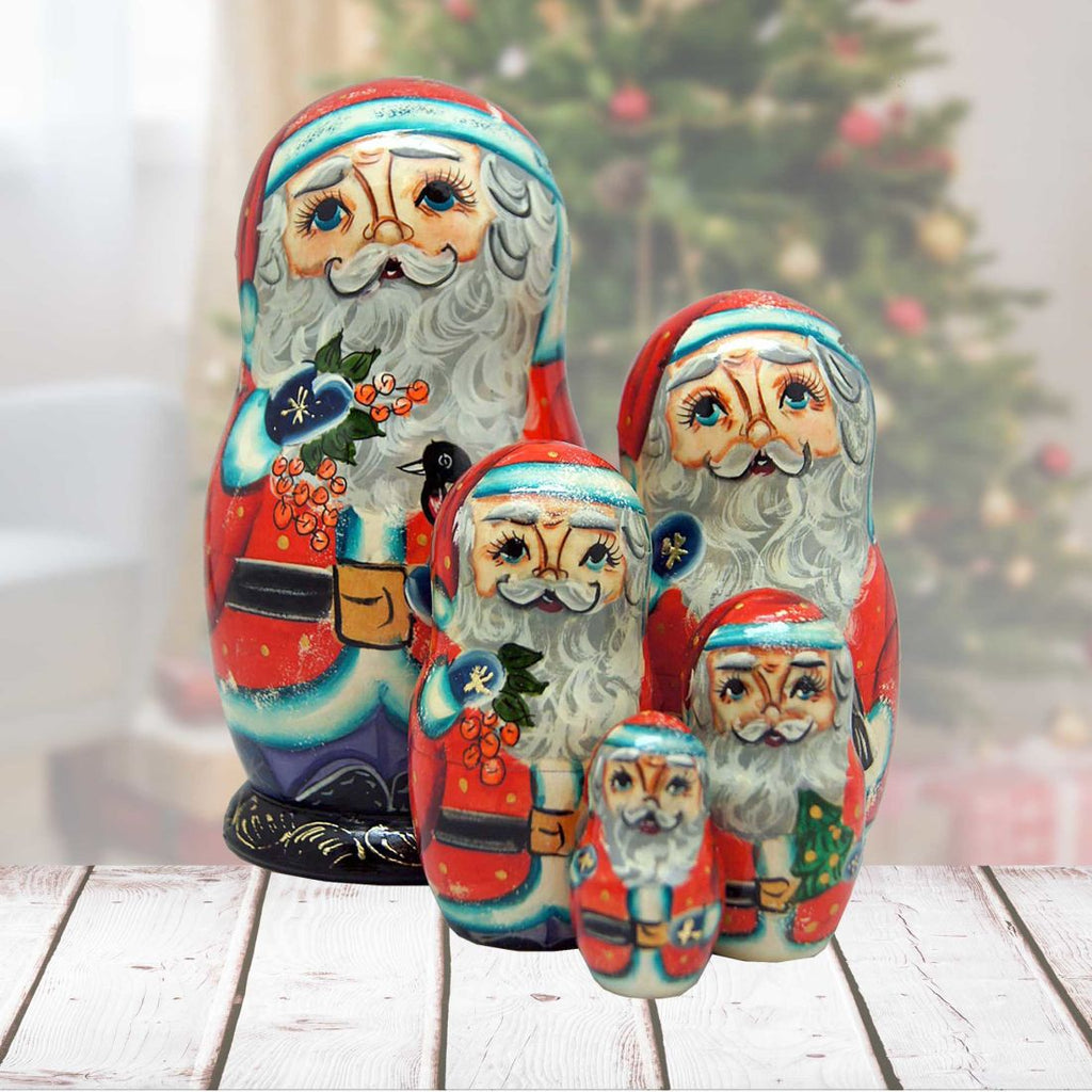Birdy Santa Matreshka Nesting Hand-Painted Doll Set of 5 by G. DeBrekht - Christmas Santa Snowman Decor - 110074