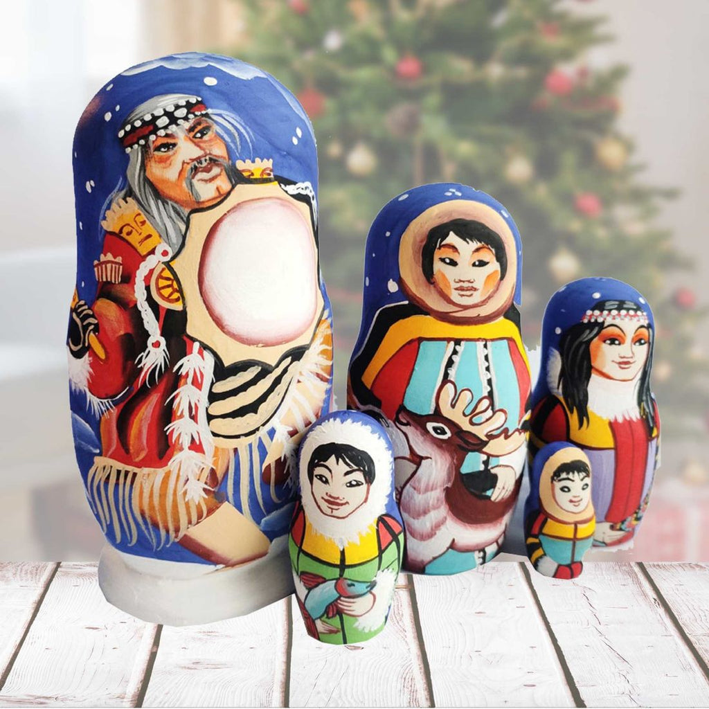 Eskimo Matreshka Nesting Hand-Painted Doll Set of 5 by G. DeBrekht - Wildlife Holiday Decor - 140179