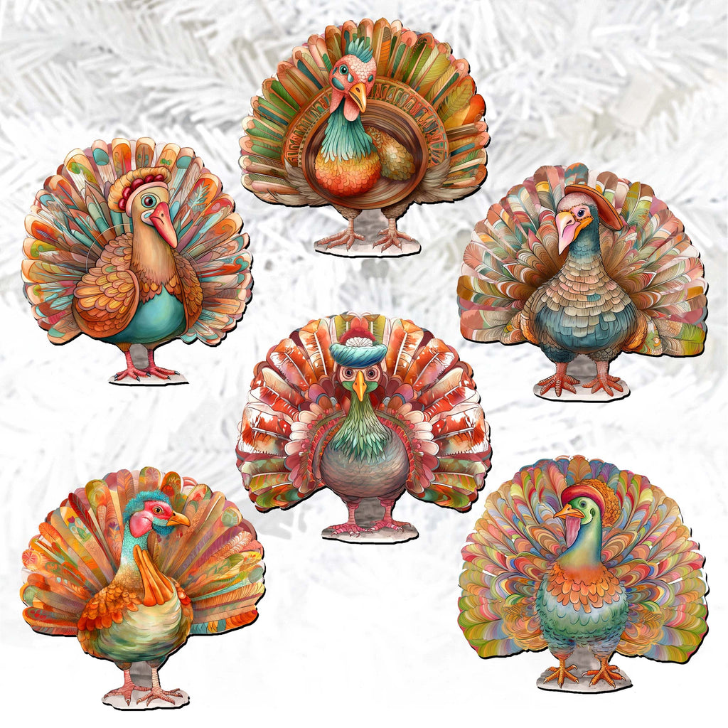 Turkey Clip-On Eco Wood Decorative Ornaments Set of 6 by G. Debrekht - Thanksgiving Decor - 8090027C-S6