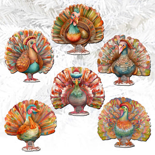 Turkey Clip-On Eco Wood Decorative Ornaments Set of 6 by G. Debrekht - Thanksgiving Decor - 8090027C-S6