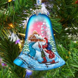 Santa on Ski Bell Glass Ornament by G. DeBrekht - Christmas Santa Snowman Decor - 73342