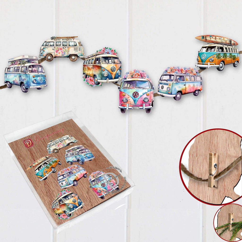 Surf Vans Clip-On Eco Wood Decorative Ornaments Set of 6 by G. Debrekht - Christmas Decor - 8090040C-S6