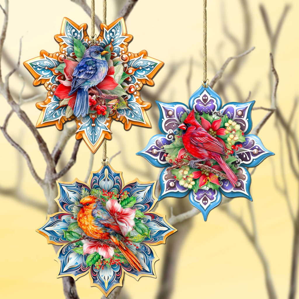 Forest Birds Snowflake Eco Wood Ornaments Set of 3 by G. Debrekht - Christmas Decor - 8090144-S3