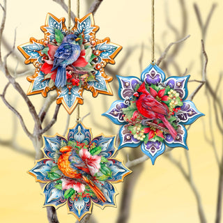 Forest Birds Snowflake Eco Wood Ornaments Set of 3 by G. Debrekht - Christmas Decor - 8090144-S3