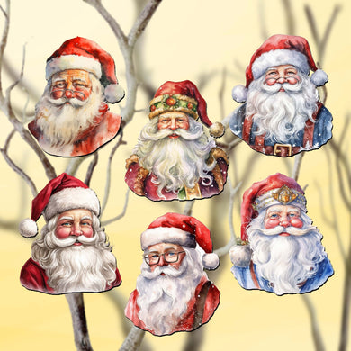 Jolly Santa Faces Clip-On Eco Wood Decorative Ornaments Set of 6 by G. Debrekht - Christmas Decor - 8090045C-S6