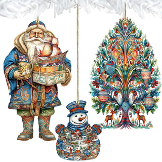 Santas Around the World - Nordic Inspired Santa - Eco Wood Ornaments Set of 3 by G. DeBrekht Christmas Santa Snowman Decor - 8091312S3