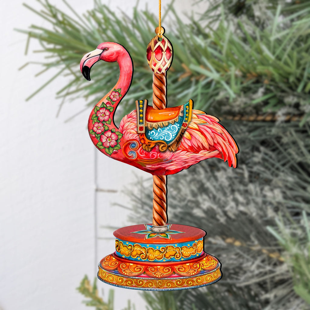 Pink Flamingo Carousel Christmas Wooden Ornaments by G. DeBrekht - Carousel Holiday Decor - 8652752