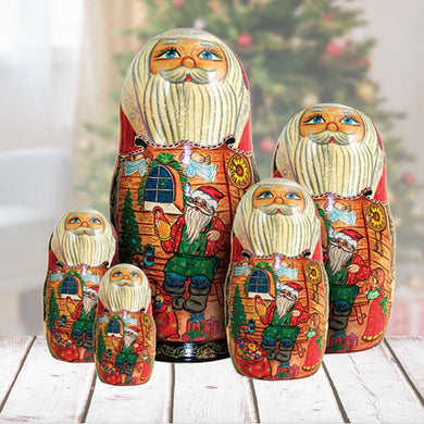 Christmas Workshop Matreshka Nesting Hand-Painted Doll Set of 5 by G. DeBrekht - Christmas Santa Snowman Decor - 110112